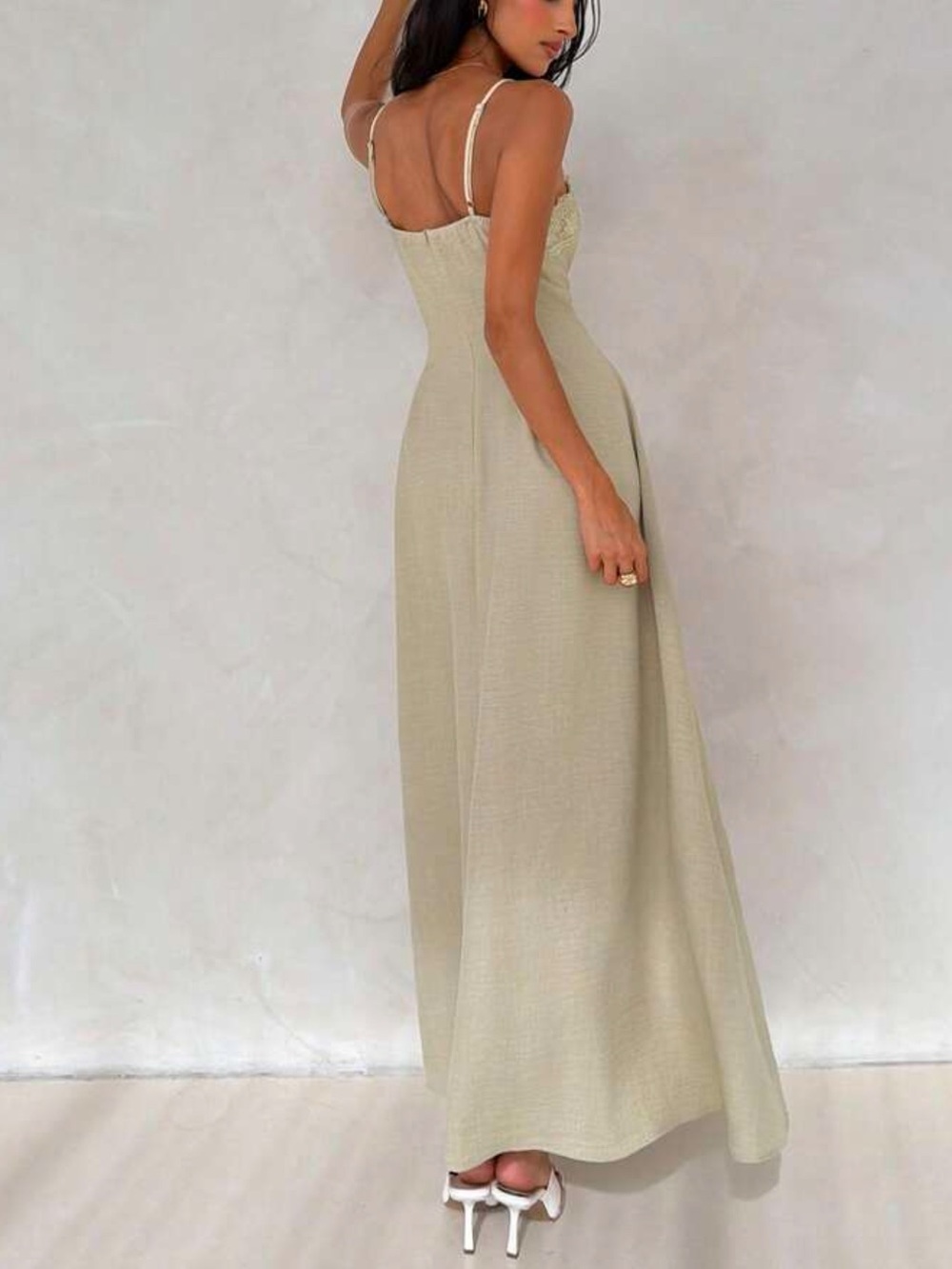 Spaghetti-Strap Cream Maxi Dress with Lace Trim - Picture 3 of 7